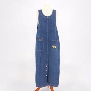 VINTAGE TRUE BLUE School Theme Denim Overall Jumper Dress Cotton Maxi Size L